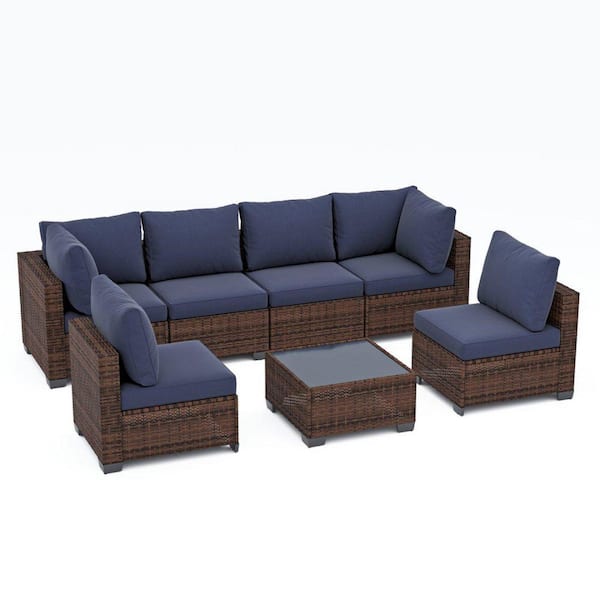 JUSKYS Brown Wicker 7-Piece Outdoor Patio Sectional Sofa,All-Weather PE Rattan Conversation Set w/Navy Cushion and Coffee Table