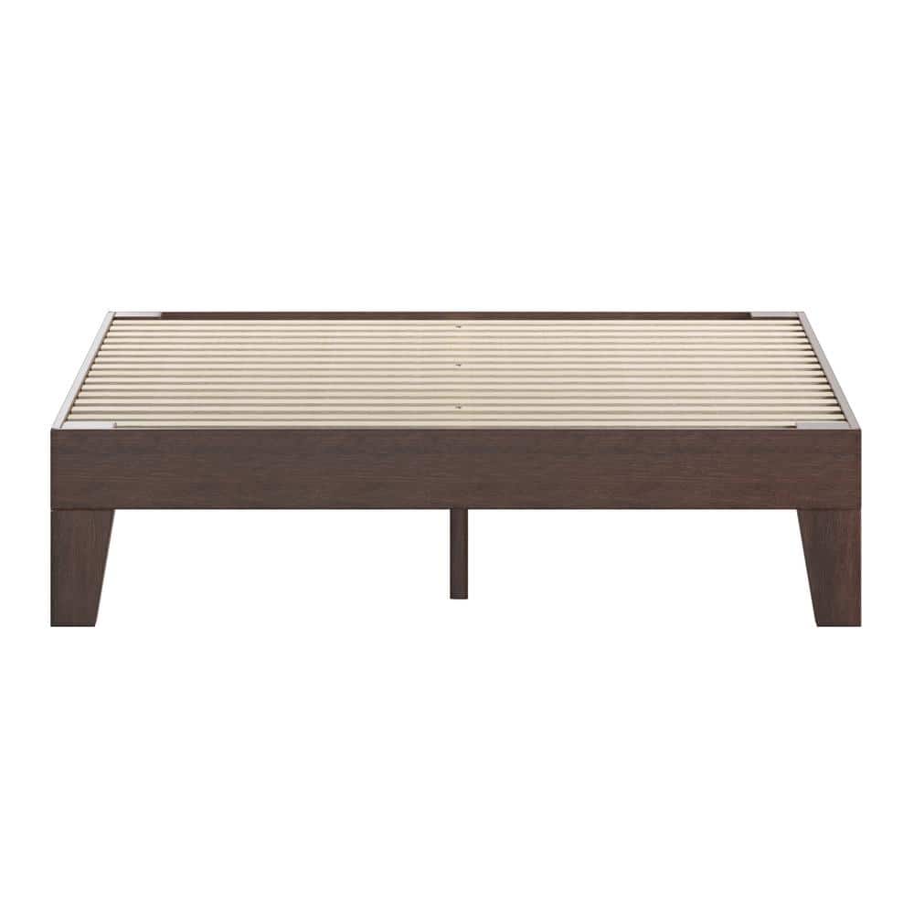 Walnut Twin Wood Platform Bed with Headboard and Drawer