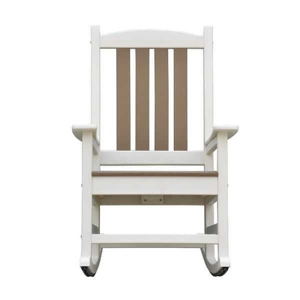 Unbranded HDPE White and Brown Plastic Rocking Chair, Adirondack Chair for Garden Porch Patio Deck Accent Furniture