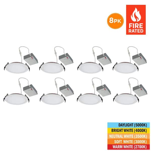 8-Pack 6 in. Fire Rated Canless Integrated LED Recessed Light Trim Downlight, 1200 Lumens, Selectable CCT 2700K-5000K