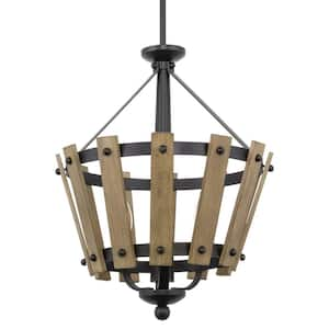 Orwell 20 in. 60-Watt 3-Light Black Farmhouse Dual Style Wood Panel Cage Pendant Light