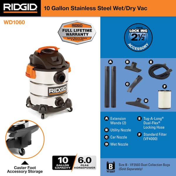 RIDGID Wet/Dry Shop Vacuum 10 Gal. 6.0 HP Stainless Steel w