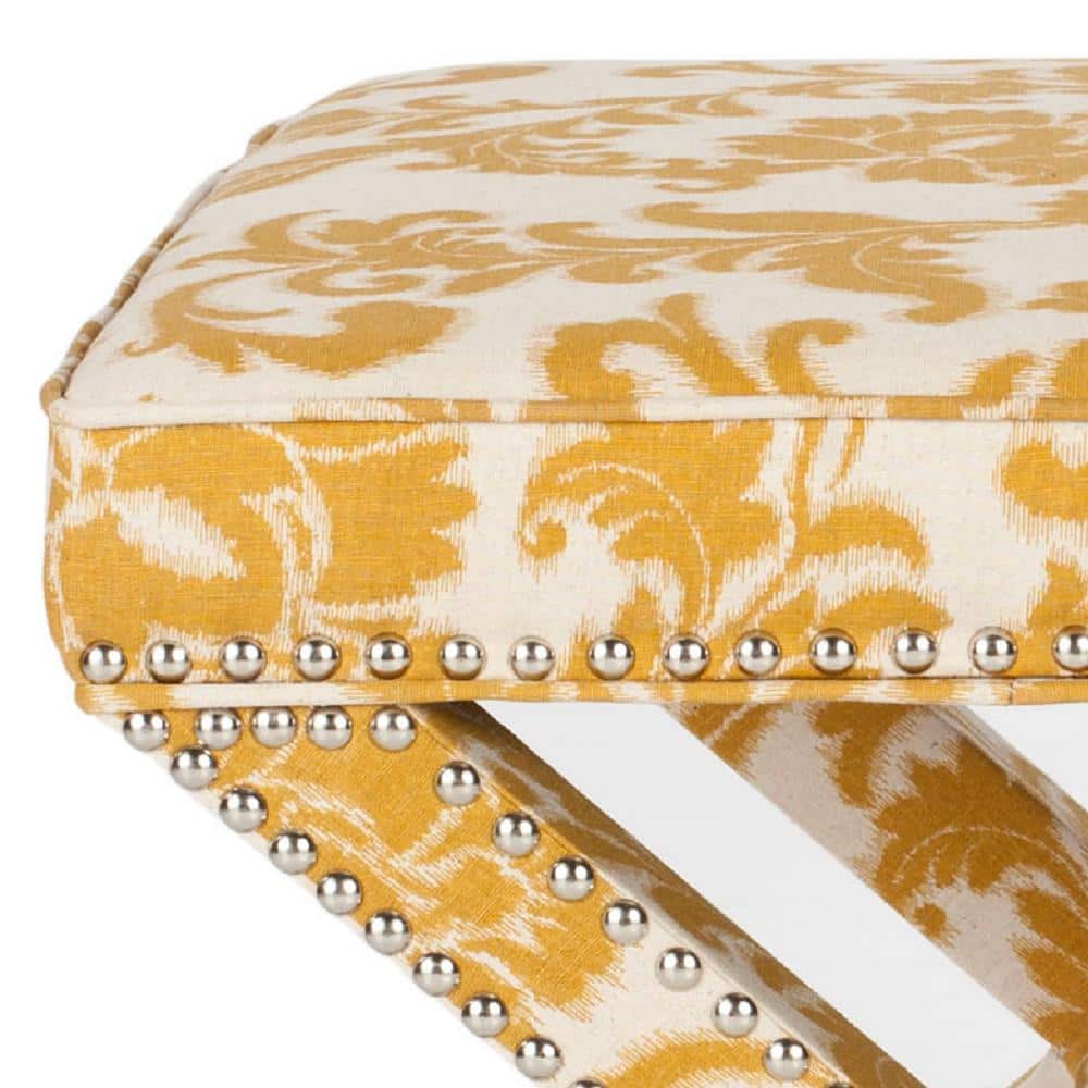 Maize and Beige Damask Pattern Upholstered Ottoman with Silver Nailhead Trim