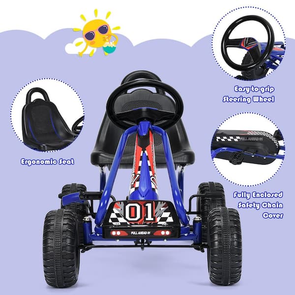 Kids Pedal Go Kart 4 Wheel Ride On Toys with Adjustable Seat and Handbrake  Blue