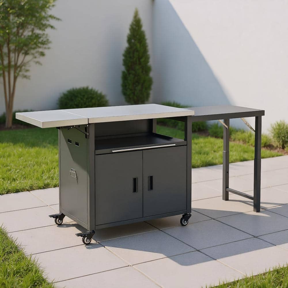 Gray Metal Outdoor Grill Cart with Trash Rack, Foldable Top and Storage Space for Patio, Garden, Backyard price history on PriceWatchPro