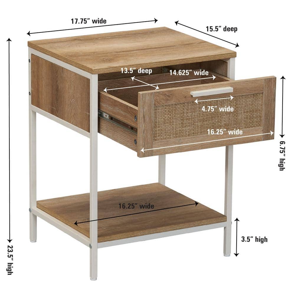 Coastal Oak Square End Table with Rattan Drawer and Metal Frame