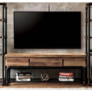 Rein 60 in. Antique Black and Natural Tone Wood TV Stand with 3-Drawer Fits TVs Up to 66 in. with Built-In Storage