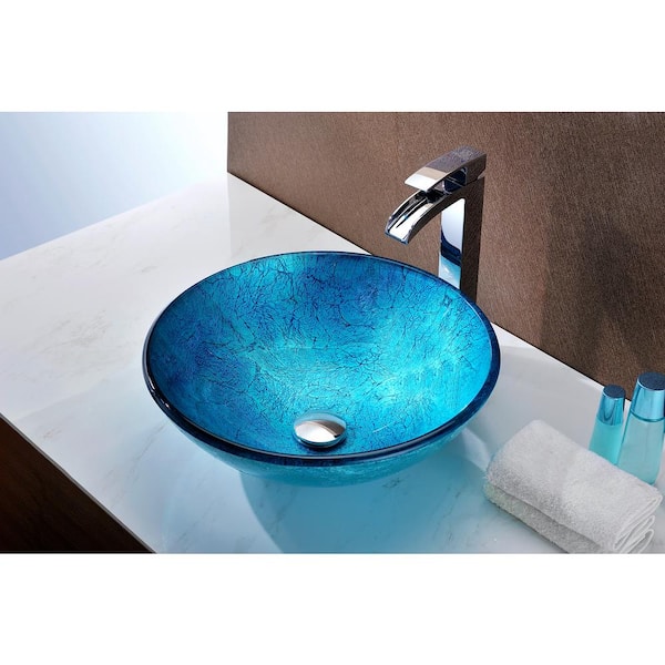 Accent Series 17 in. Bathroom Vessel Sink with Scratch-Tough and Stain-Resistant Non-Porous Surface in Blue Ice Glass