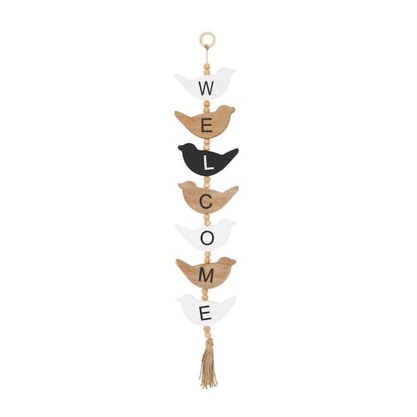 Litton Lane Wood Black Handmade Welcome Sign Bird Wall Art Decor with Tassel and Bead Accents