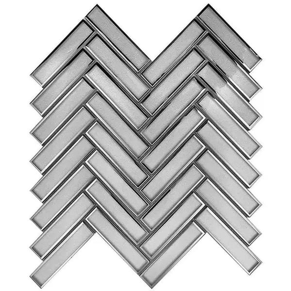 Mirari 4 x 5 in. Gray, Silver Glossy Glass Herringbone Mosaic Wall Tile Sample