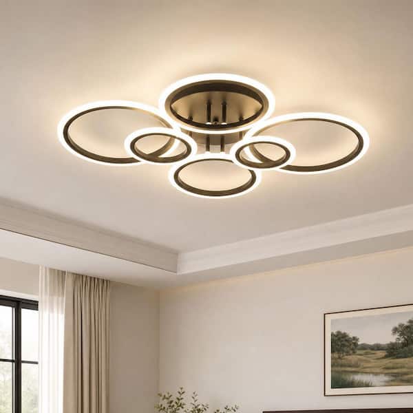 32 in. 6-Light Cluster Matte Black and White Rings Modern LED Flush Mount Ceiling Light for Bedroom, Kitchen Living Room