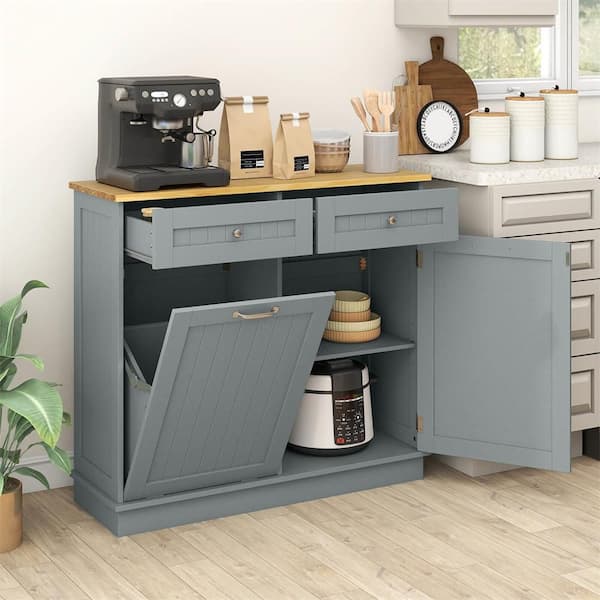 Gray MDF 39.5 in. Wooden Kitchen Sideboard Trash Cabinet Tilt Out Bin Holder with Drawer and Storage Shelf