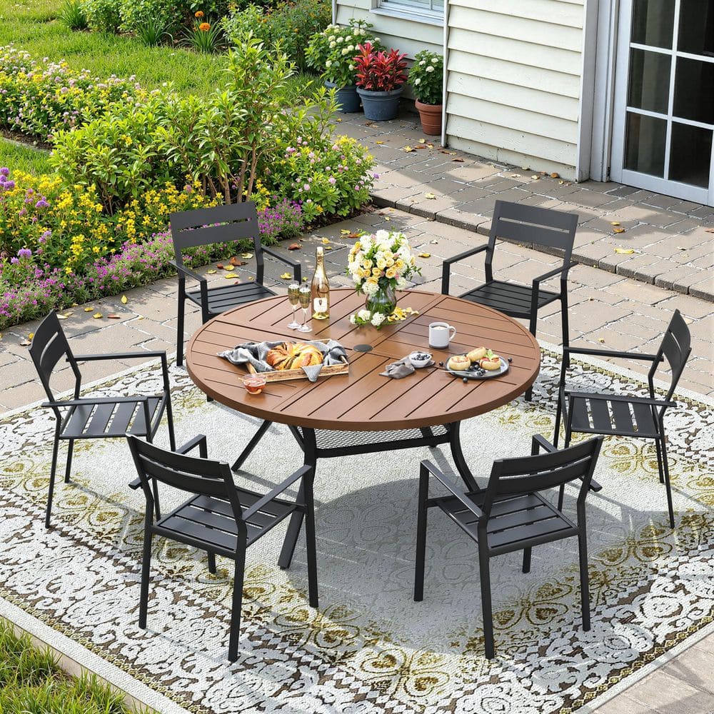 7-Piece Metal Outdoor Patio Dining Set with 47.2 in. Walnut Round Table and 6 Stackable Chairs in Gray price history on PriceWatchPro