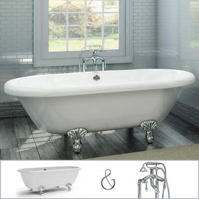 72 in. Acrylic Dual-Rest Clawfoot Bathtub Combo Tub in White, Faucet and Ball-and-Claw Feet and Drain in Chrome
