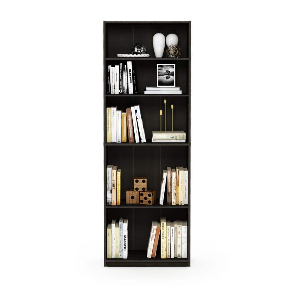 Espresso Adjustable 5-Shelf Wooden Bookcase with Storage Cubes