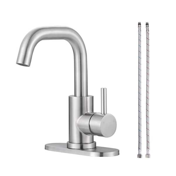 Modern Single Handle Stainless Steel Bar Faucet with Deck Plate and Supply Lines in Brushed Nickel
