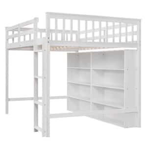 White Full Size Wood Loft Bed with 8 Open Storage Shelves
