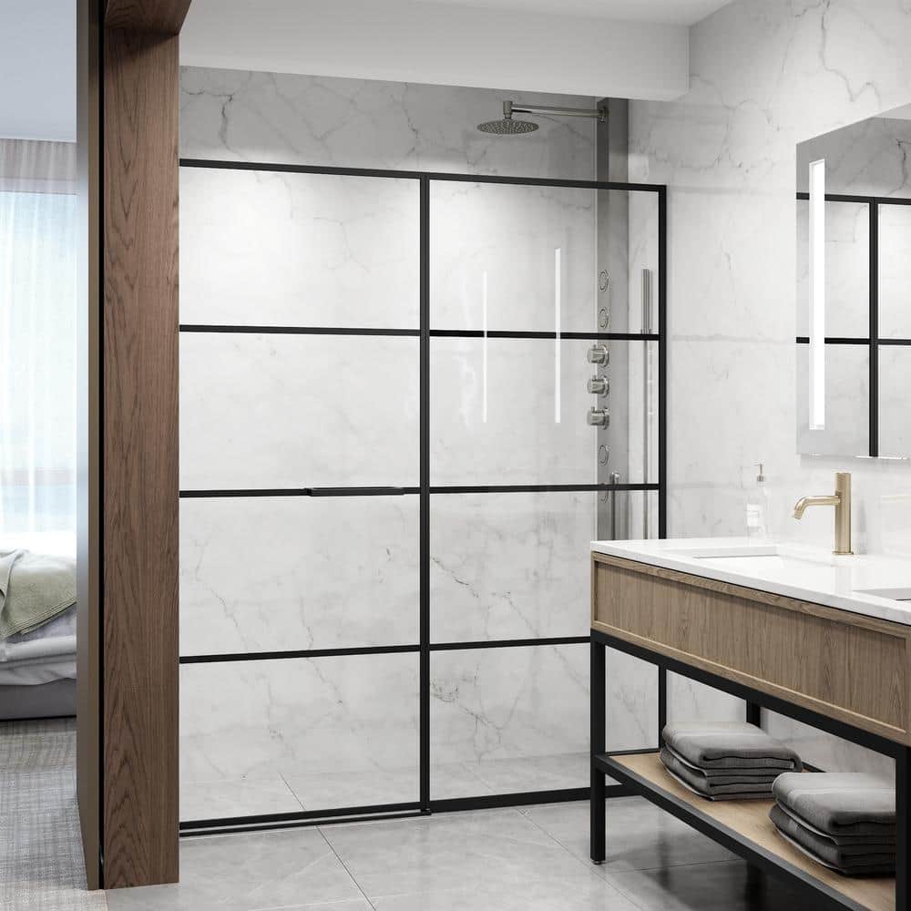 Meridian 60" Matte Black and Clear Grid Glass Shower Door