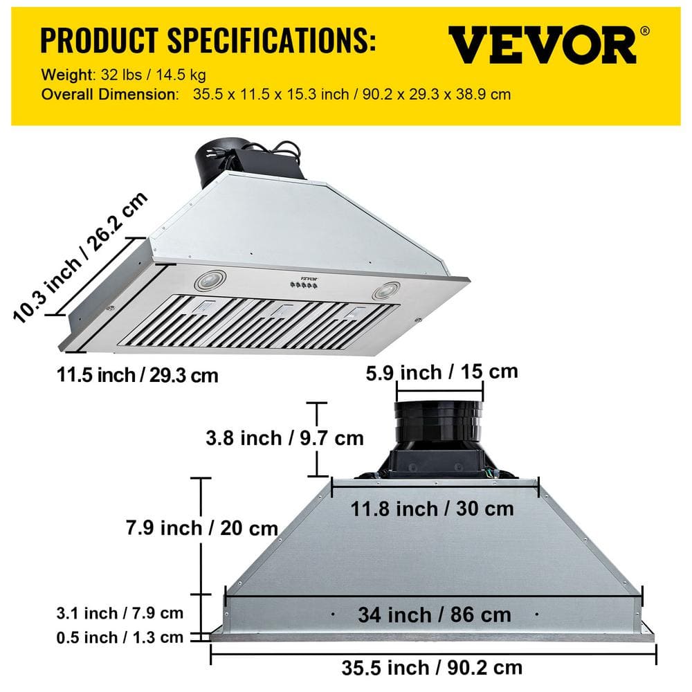 36-Inch Stainless Steel Convertible Insert Range Hood with Charcoal Filter