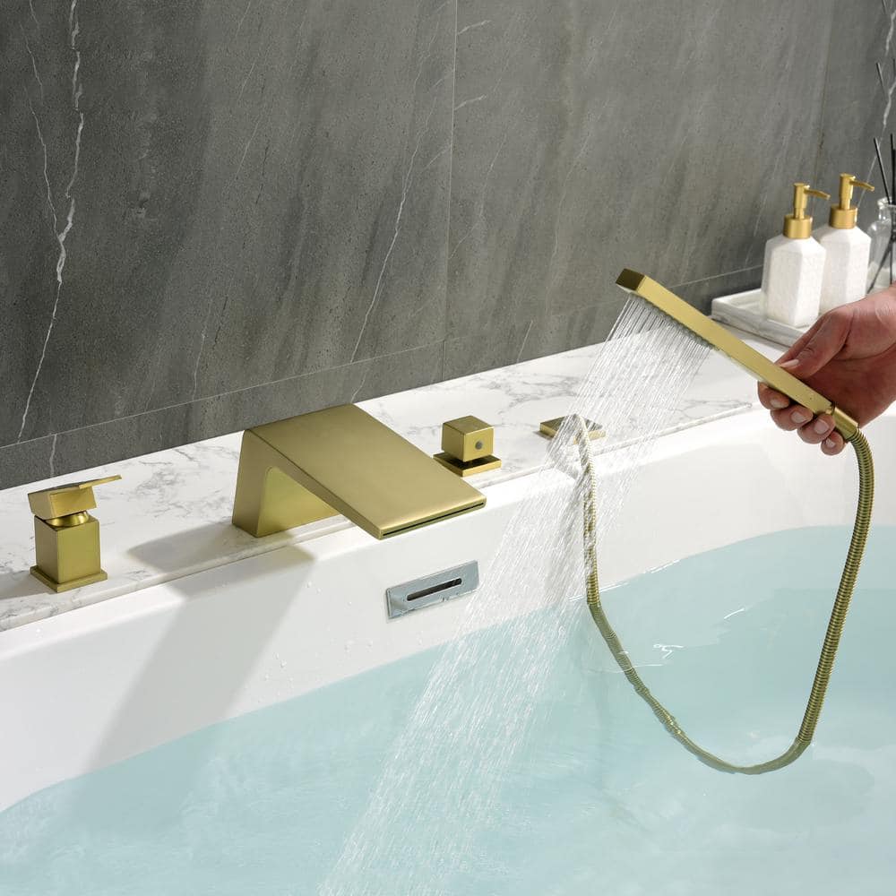 Brushed Gold Single-Handle Waterfall Tub Faucet with Hand Shower