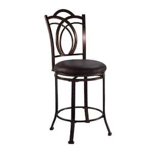 Calif Brown Metal Decorative Back Counter Stool with Padded Dark Brown Faux Leather Seat