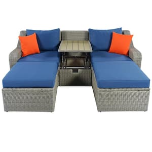 3-Piece Gray Wicker Outdoor Chaise Lounge with Blue Cushions