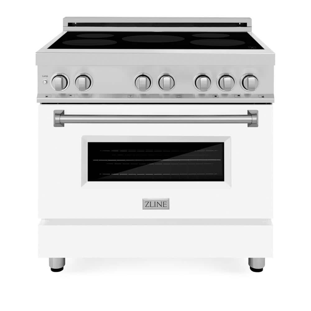 ZLINE Kitchen and Bath 36 in. Freestanding Electric Range 4 Element Induction Cooktop with White Matte Door in Stainless Steel