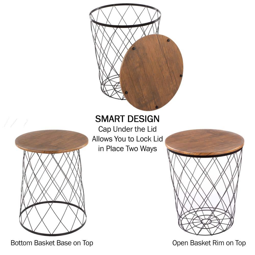 Rustic Brown and Black 24" Round Wood and Metal Nesting End Tables with Storage - Set of 2