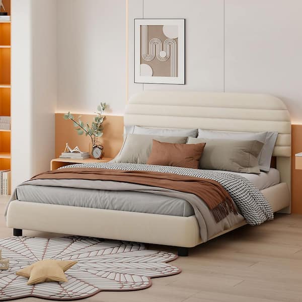 Stylish Curvy Design Beige Wood Frame Queen Size Velvet Upholstered Platform Bed with Adjustable Headboard Height