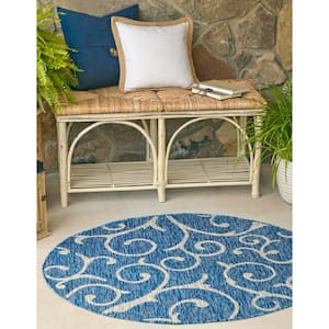 Outdoor Curl Azure Blue 4 ft. x 4 ft. Round Area Rug