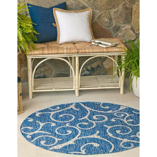 Outdoor Curl Azure Blue 4 ft. x 4 ft. Round Area Rug