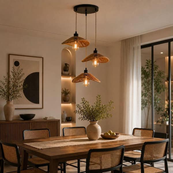 Genoci 3-Light Rattan Farmhouse Black Cluster Chandelier for