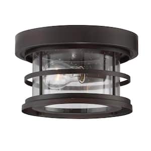 Barrett 10 in. W x 6 in. H 1-Light English Bronze Outdoor Flush Mount with Clear Seeded Glass