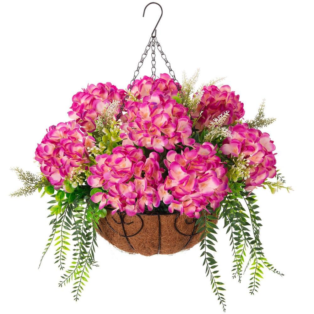 21.3 in. Rose Red Outdoor Artificial Silk Hanging Hydrangea
