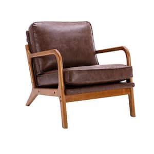 Brown PU Leather Wood Frame Arm Chair