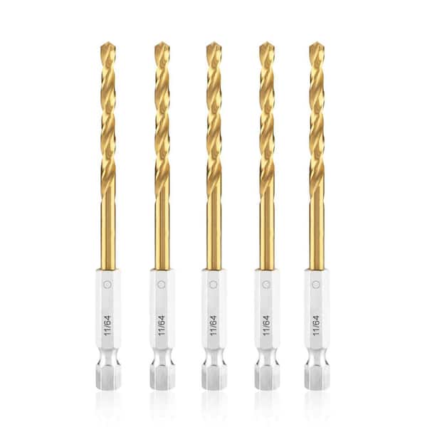 NVNOO 11/64 in. Titanium HSS Twist Hex Shank Drill Bit Set for Metal Steel Wood Plastic, Gold (5-Pack)