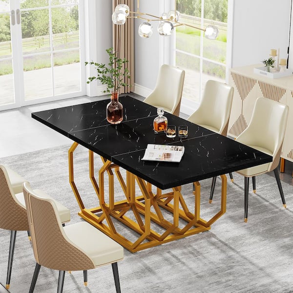 Modern 53 Round White Dining Table for 6 Person Faux Marble Top Gold &  Black Pedestal
