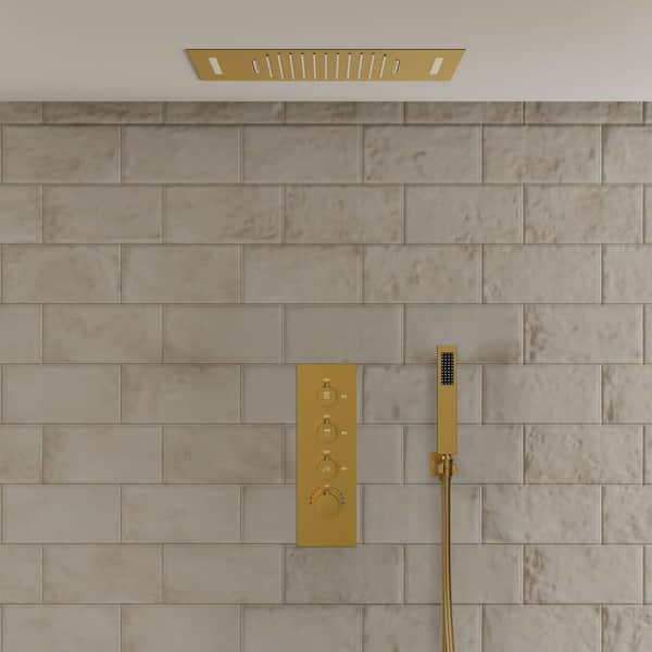 LED Thermostatic Quadruple Handle 7-Spray 23 x 15 in. Shower Faucets 2.5 GPM with Anti Scald, Waterfall in. Brushed Gold