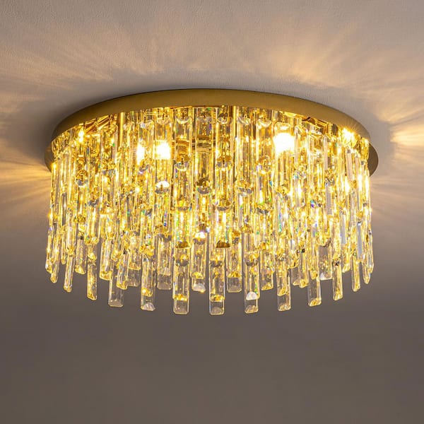 SILJOY 7-Light Gold Crystal Round Flush Mount Chandelier with