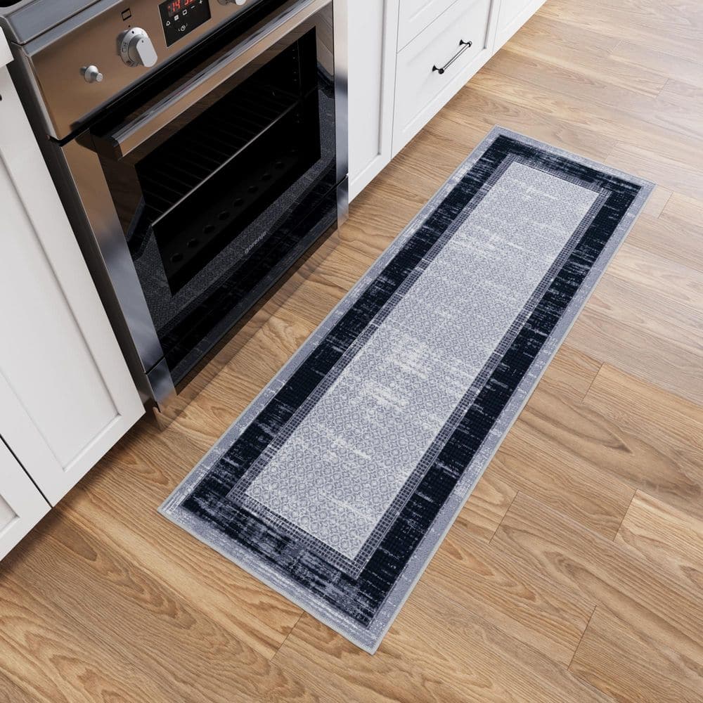Gray and Black Non-Slip Synthetic Hallway Runner Rug
