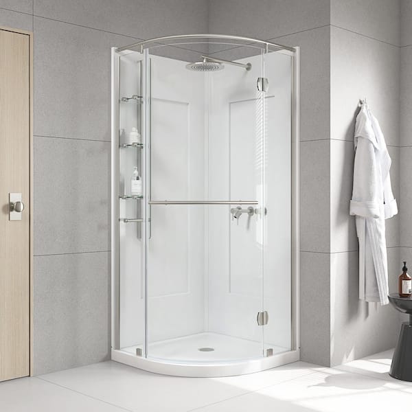 Glamour 32 in. x 76.40 in. Corner Drain Corner Shower Kit in White and Satin Nickel