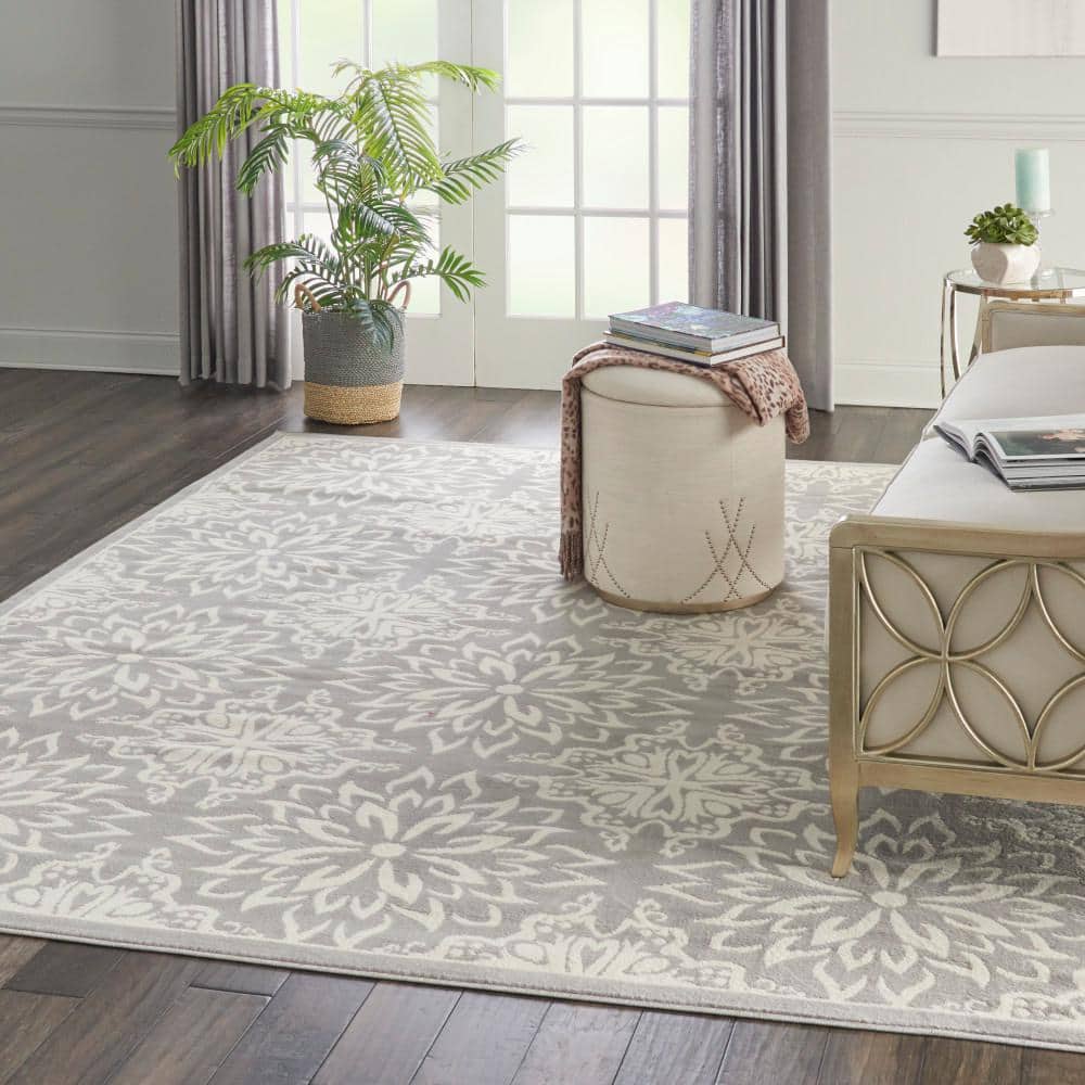 Ivory and Grey Floral Synthetic 7' x 10' Area Rug