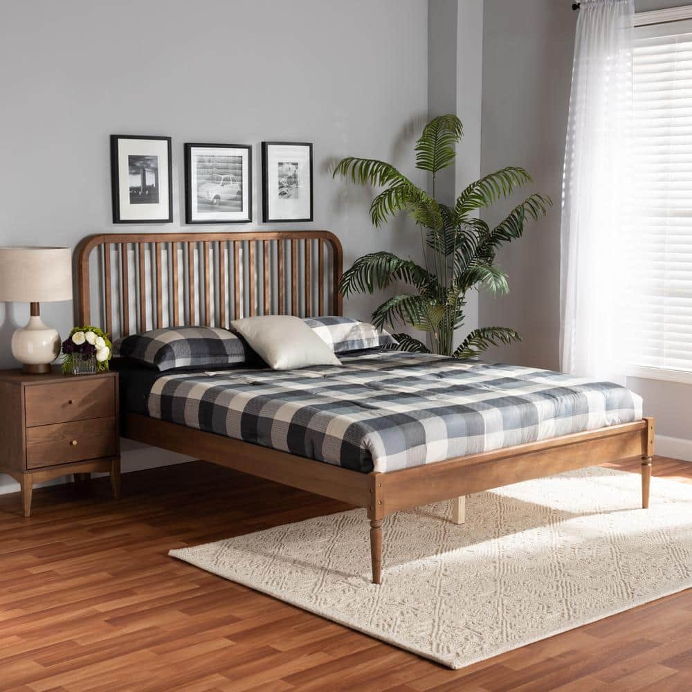 Walnut Brown Wood Queen Platform Bed with Tufted Upholstered Headboard