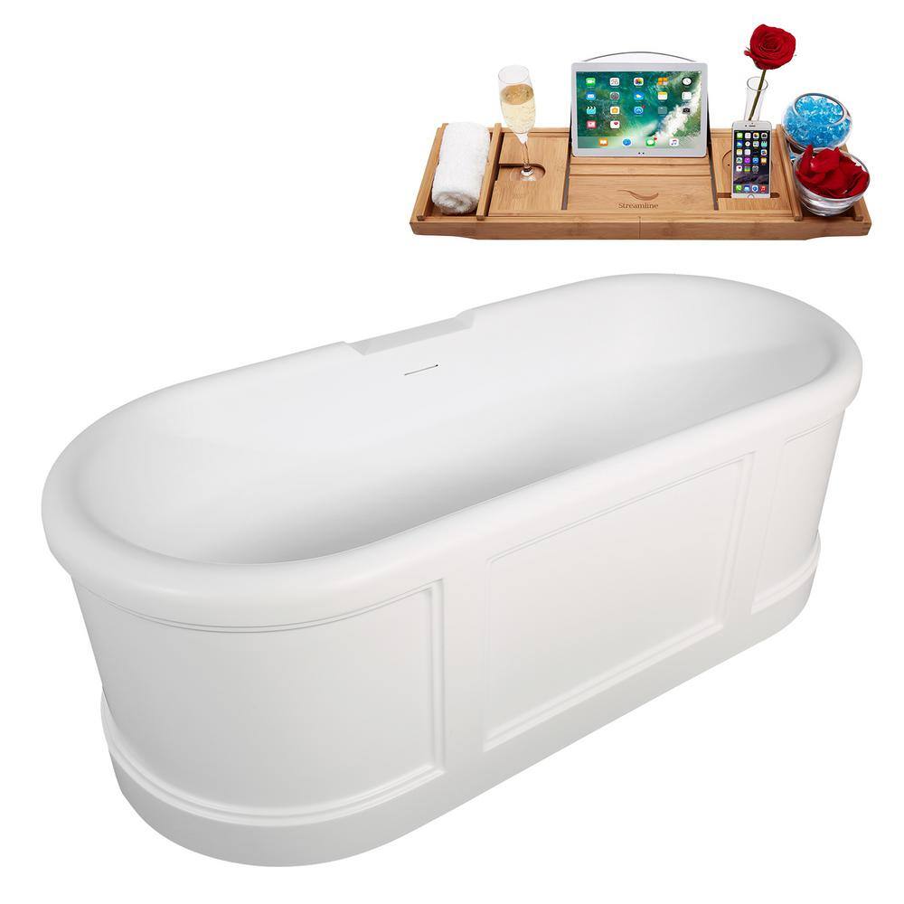 67" Matte White Acrylic Freestanding Soaking Tub with Polished Brass Trim