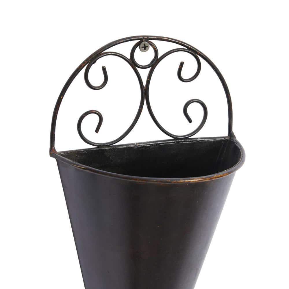 Set of 2 Black Metal Cone Scroll Wall Planters