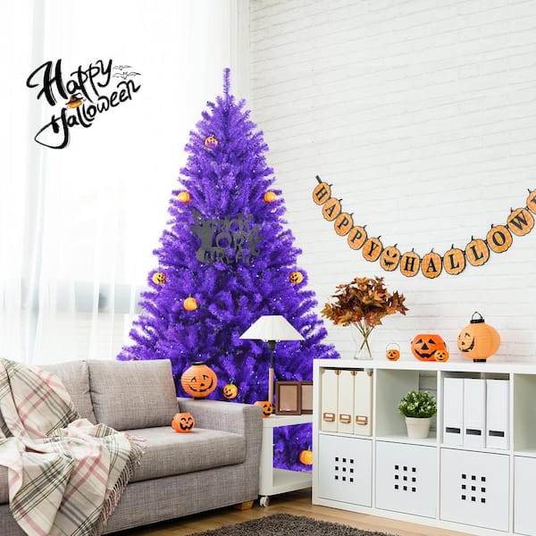 Costway 6ft Pre-Lit Purple Halloween Christmas Tree w/ Orange Lights Pumpkin Decorations