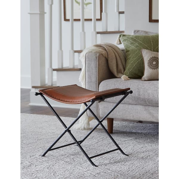 Top Grain Genuine Leather Cinnamon Brown Saddle Seat Bedroom Bench