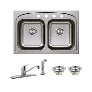 Pergola Stainless Steel 33 in. Double Bowl Drop-in Kitchen Sink with Faucet Kit
