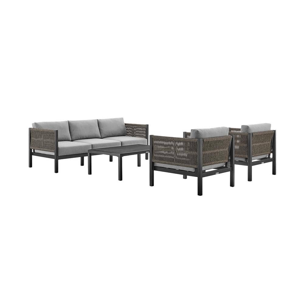 Mareike Black Aluminum and Rope Outdoor Lounge Chair with Gray Cushions