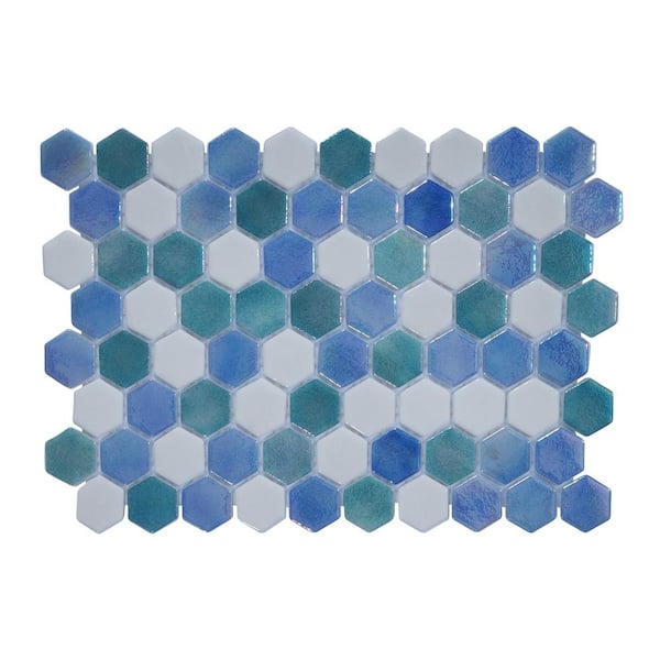 The Tile Doctor Glass Tile LOVE Love at First Sight Blue White Mix 11 in. X 16.325 in. Hex Glossy Glass Mosaic Tile for Walls and Floors